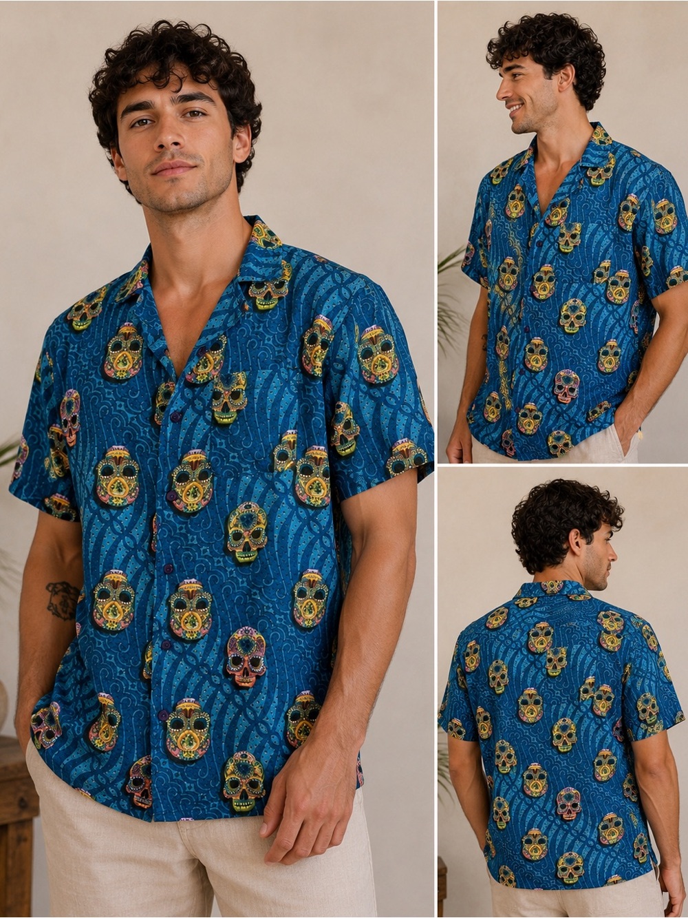 One Resolution Day of the Dead Skull Short Sleeve Resort Casual Shirt Size M